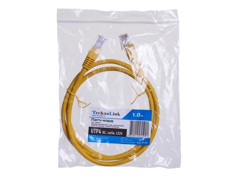 Патч-корд Technolink UTP4 cat 5e, 1,0м, ВС, LSZH, желтый, литой коннектор
