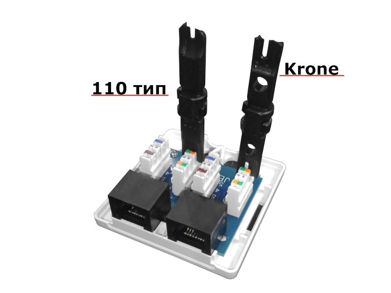 Розетка компьютерная внешняя на плате 2xRJ45, неэкран, cat.5e, 110/Krone тип (Dual IDC) белая, NETKO Expert CKC