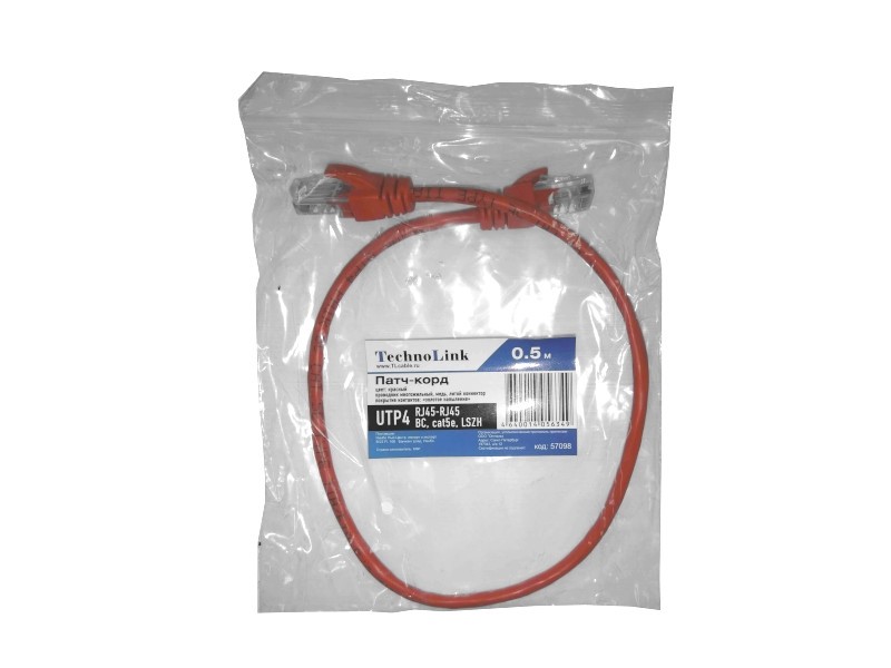 Патч-корд Technolink UTP4 cat 5e, 0,5м, ВС, LSZH, красный, литой коннектор