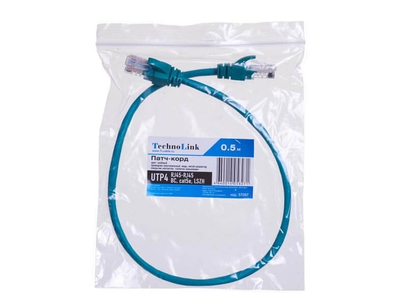 Патч-корд Technolink UTP4 cat 5e, 0,5м, ВС, LSZH, зеленый, литой коннектор