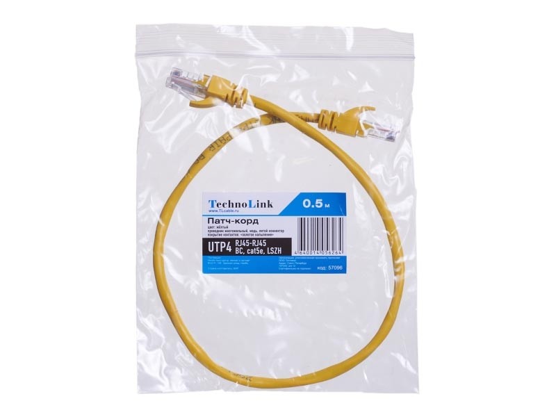 Патч-корд Technolink UTP4 cat 5e, 0,5м, ВС, LSZH, желтый, литой коннектор