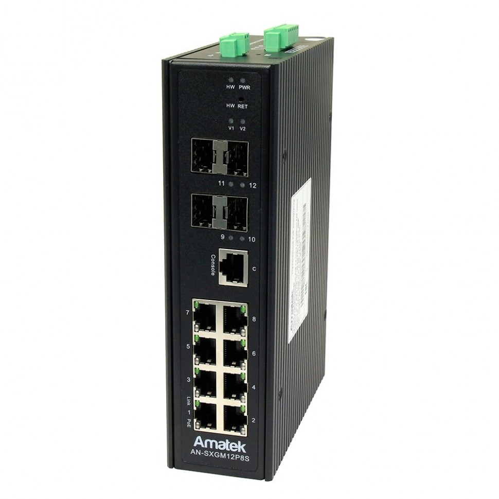 AN-SXGM12P8S - промышленный 12-портовый управляемый L2+ гигабитный коммутатор с HiPoE до 360Вт
