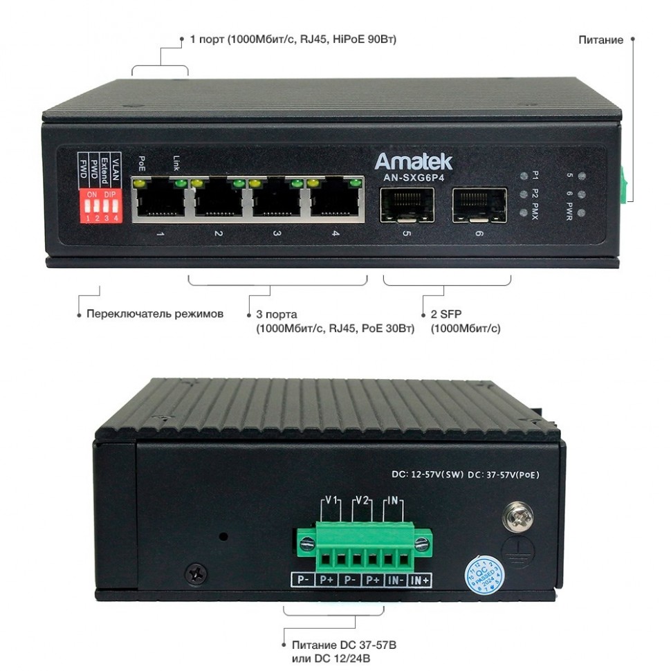 AN-SXG6P4 - промышленный 6-портовый гигабитный коммутатор с HiPoE до 180Вт