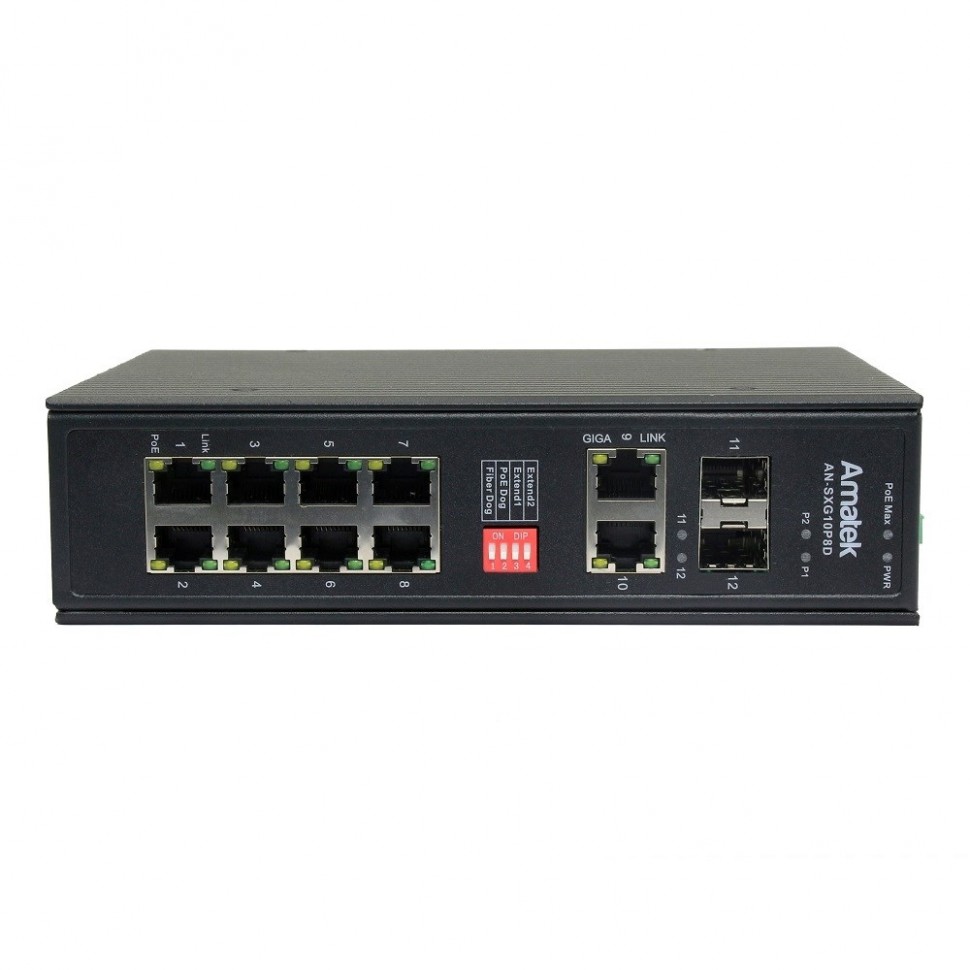 AN-SXG10P8D - промышленный 12-портовый гигабитный коммутатор с HiPoE до 300Вт